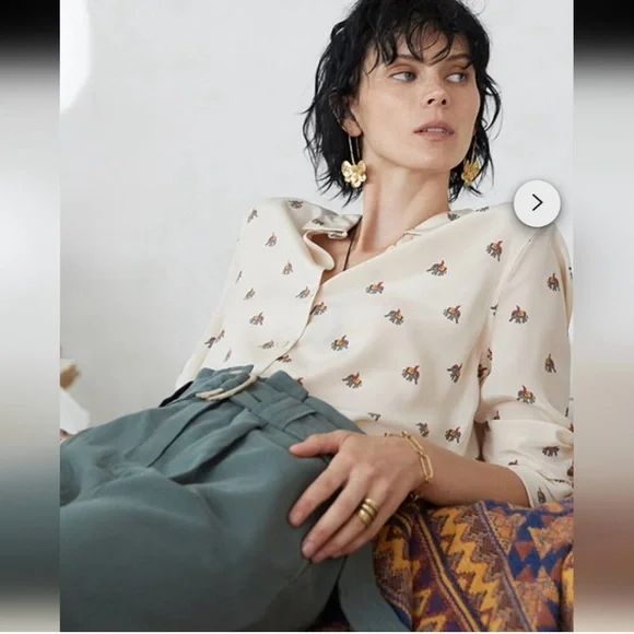 EQUIPMENT Silk Blouse Elephant India Novelty SMALL Beige - Picture 13 of 16